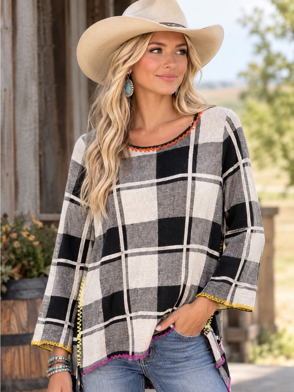 Katherine Barclay Black & White Plaid Long Sleeve Scoop Neck Sweater Women’s L